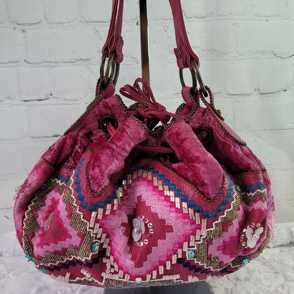 MATTHEW WILLIAMSON Pink Vibrant Round Drawstring Velvet Shoulder Bag - Picture 3 of 14